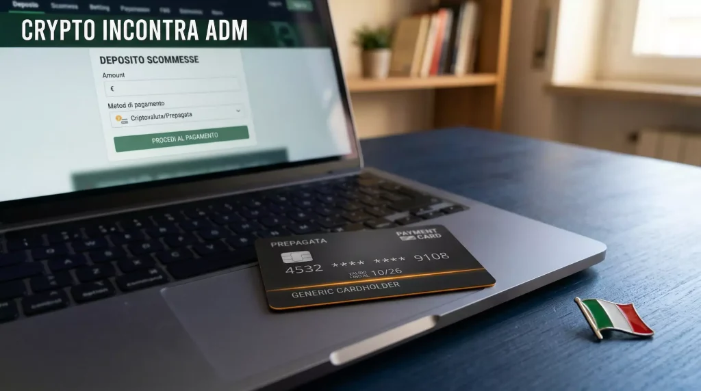Carta prepagata generica con simbolo crypto poggiata su un laptop aperto su un sito di scommesse