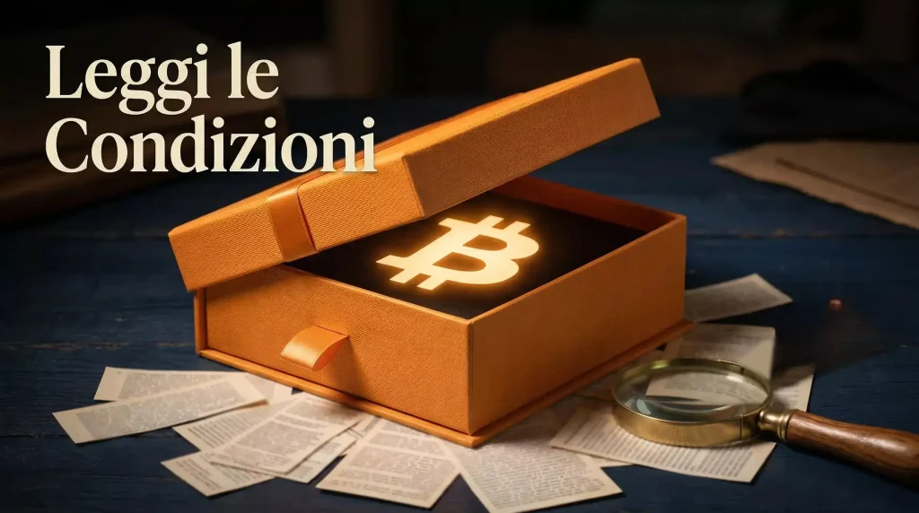 Pacco regalo aperto con simbolo Bitcoin che rivela scritte in piccolo di termini e condizioni