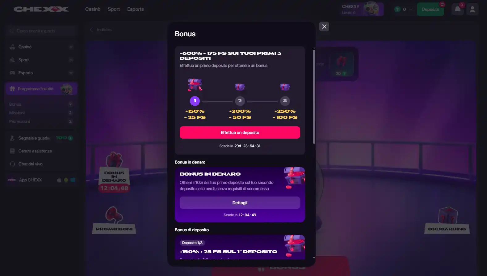 Pagina del pacchetto di benvenuto CHEXX con tre livelli bonus