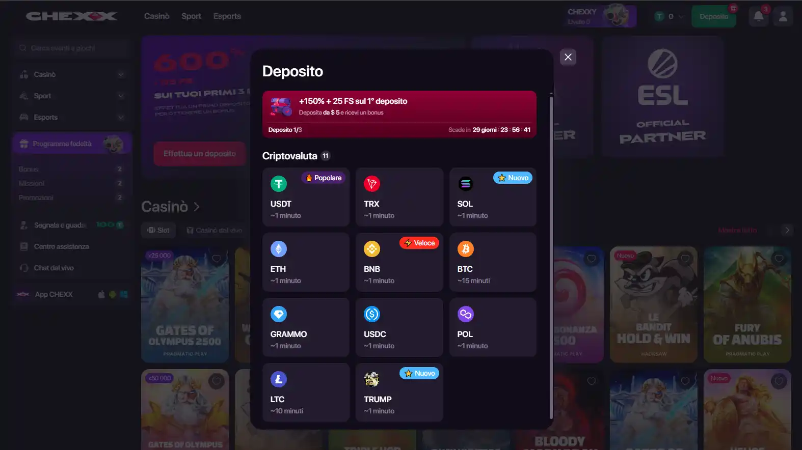 Finestra di deposito CHEXX con selezione di criptovaluta e rete