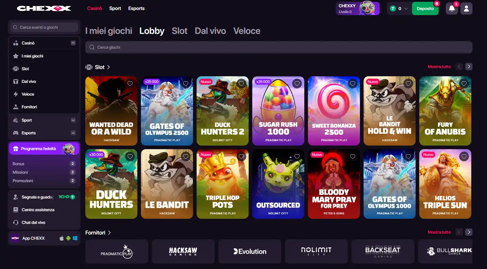 Lobby del casinò CHEXX con categorie, filtri e giochi disponibili