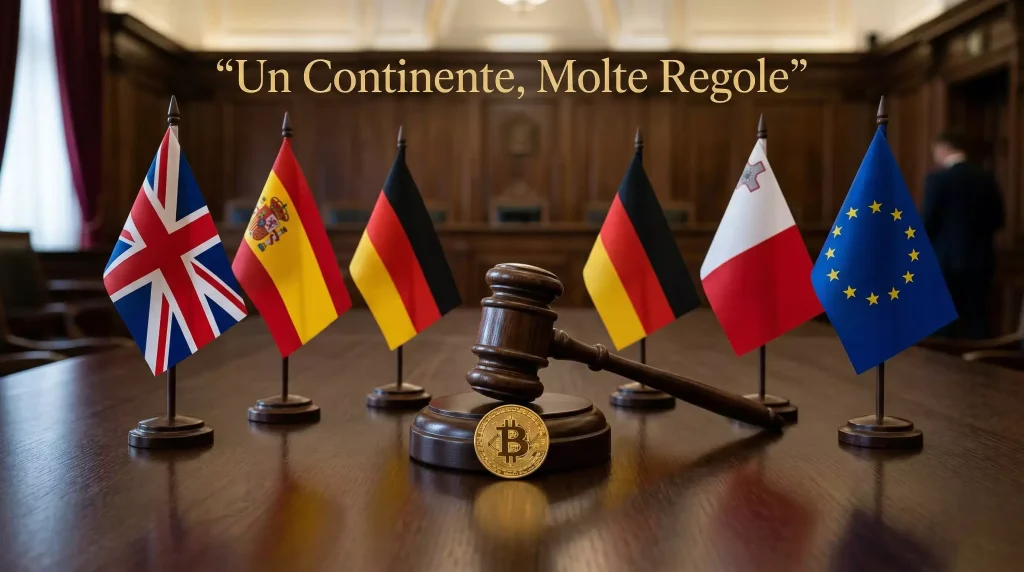 Bandiere europee disposte a cerchio attorno a una moneta Bitcoin con martello da giudice al centro