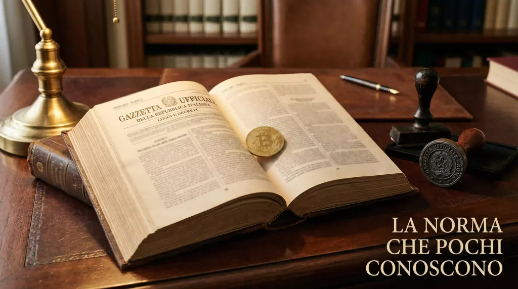 Codice legislativo italiano aperto su una scrivania con timbro ufficiale e moneta Bitcoin accanto