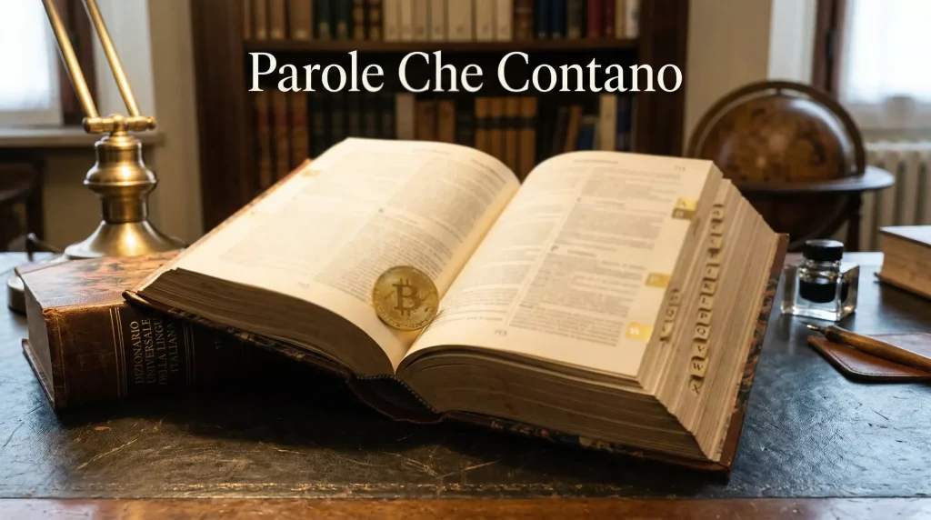 Dizionario aperto con lettere in evidenza e simbolo Bitcoin dorato tra le pagine