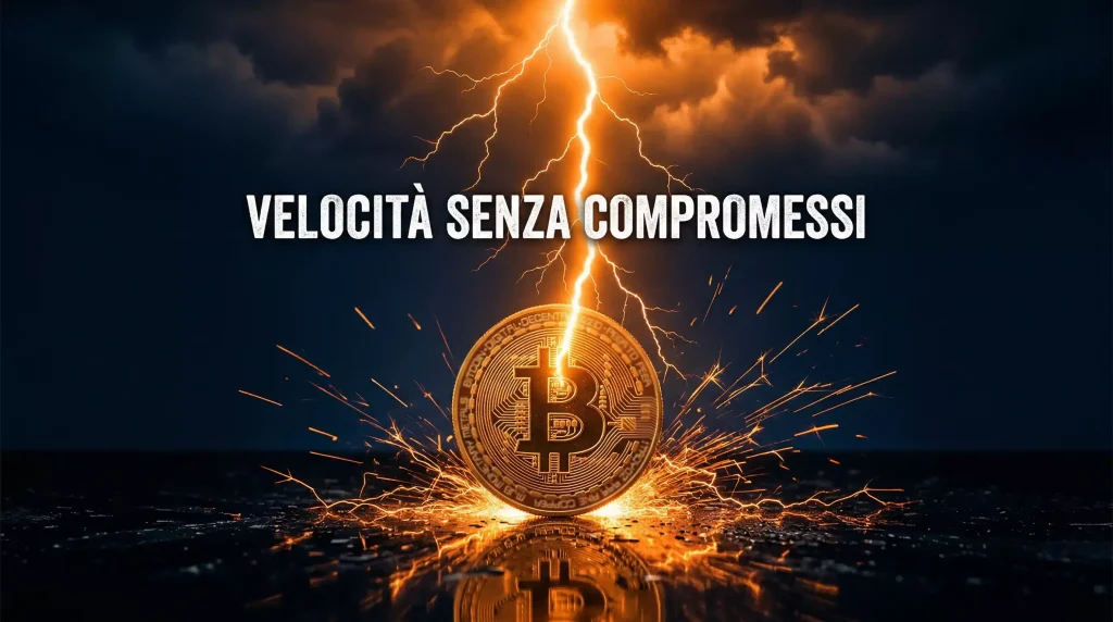 Fulmine stilizzato arancione che colpisce un simbolo Bitcoin dorato su sfondo scuro