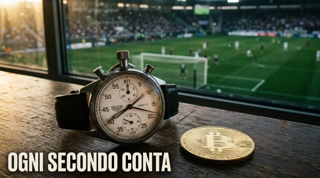 Cronometro con lancette in movimento rapido accanto a una moneta Bitcoin su sfondo con campo sportivo sfocato