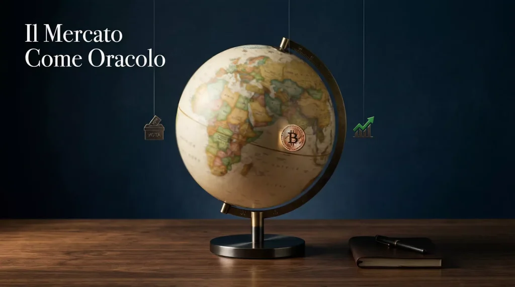Globo terrestre con grafici a barre sovrapposti e simbolo blockchain su scrivania moderna