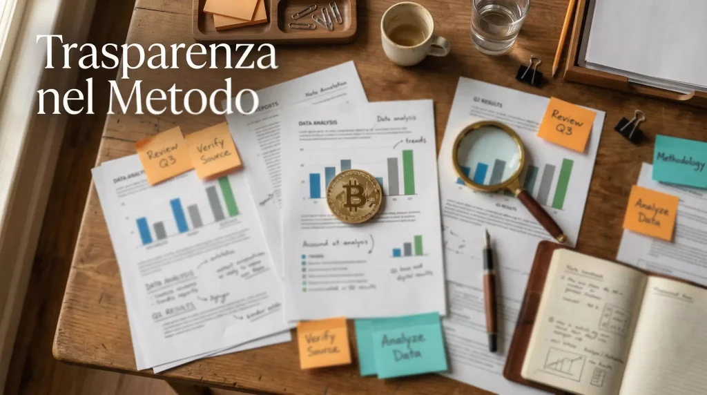 Scrivania con documenti di ricerca, grafici stampati e una lente d