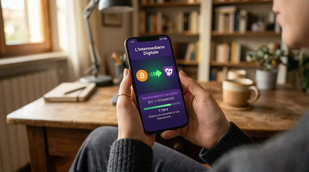 Smartphone con app e-wallet aperta che mostra un trasferimento Bitcoin verso un sito di scommesse