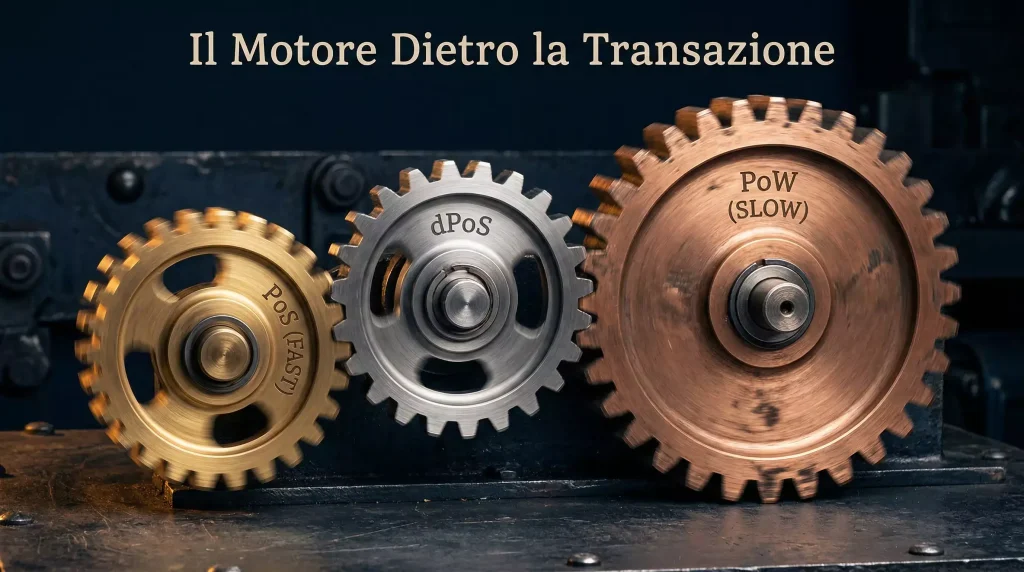 Tre ingranaggi meccanici di diversa dimensione che girano insieme su sfondo tecnologico scuro