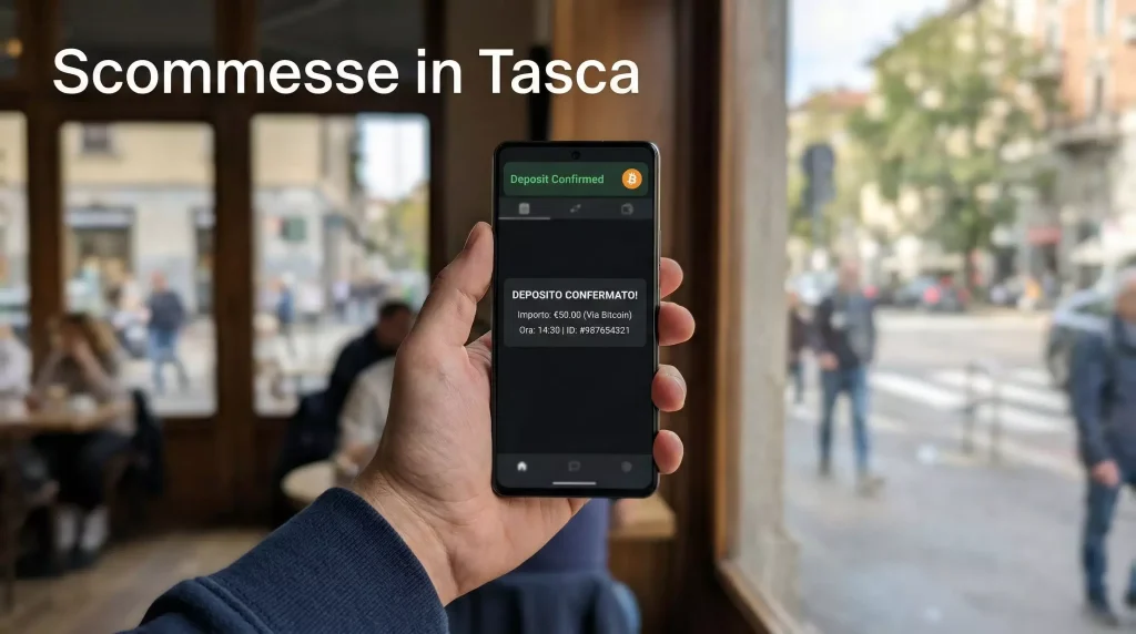 Smartphone in mano con interfaccia di scommesse crypto aperta e notifica di deposito Bitcoin confermato