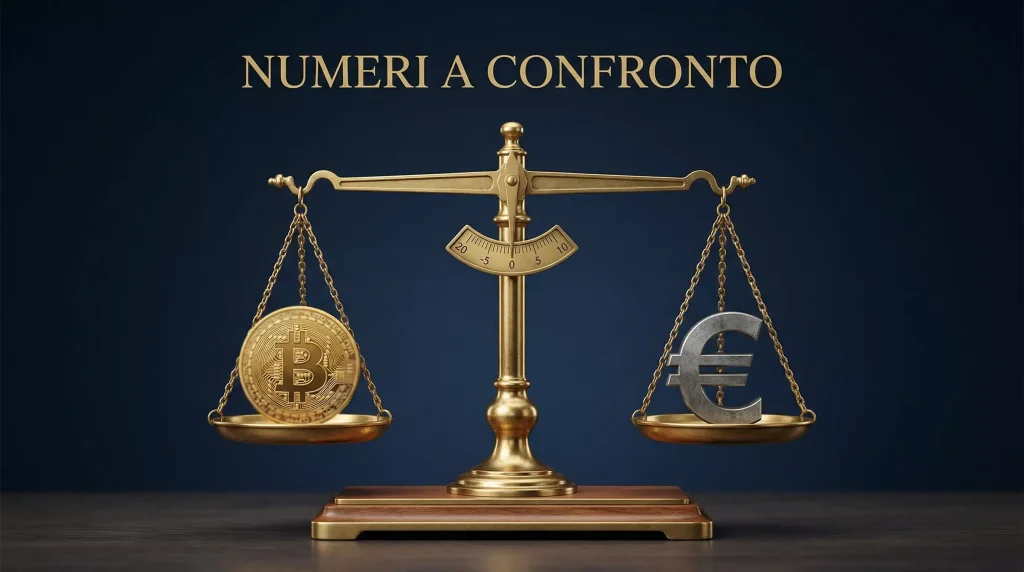 Moneta Bitcoin e simbolo euro su una bilancia in equilibrio con sfondo scuro