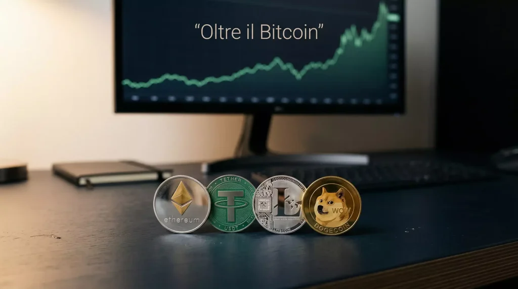 Loghi delle criptovalute Ethereum, USDT, Litecoin e Dogecoin su un tavolo da trading con schermo sullo sfondo