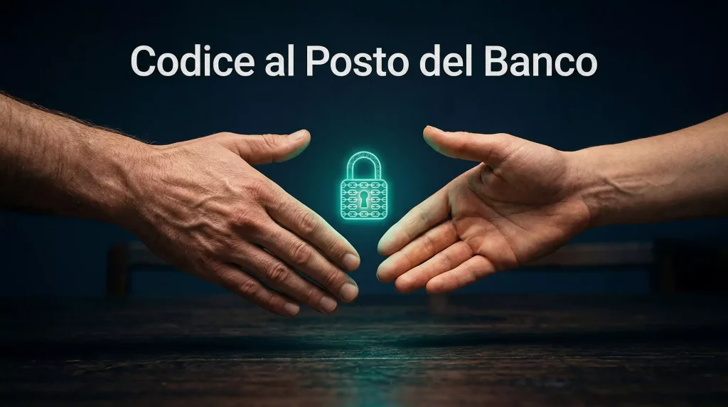 Due mani che si stringono sopra un lucchetto digitale con catena blockchain sullo sfondo