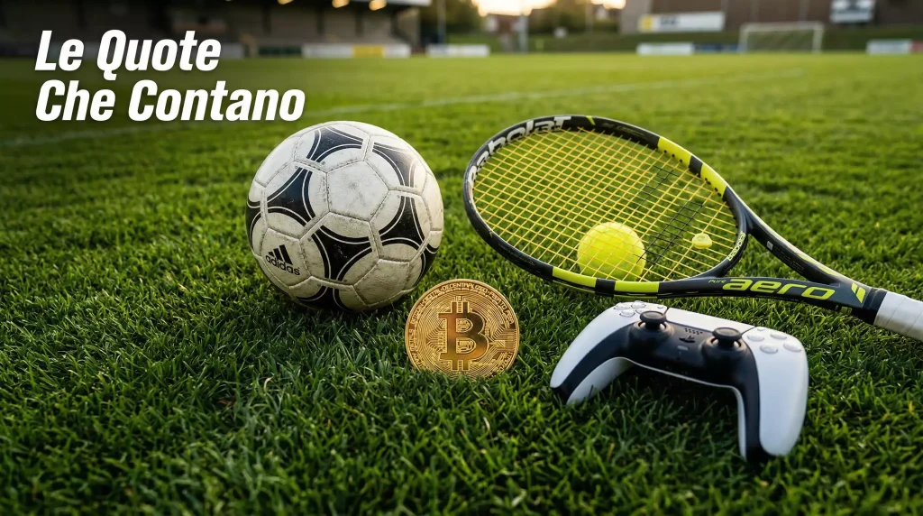 Pallone da calcio, racchetta da tennis e controller da gaming disposti accanto a una moneta Bitcoin su campo verde