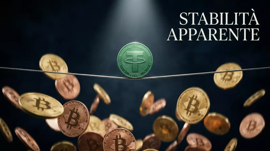 Moneta USDT in equilibrio stabile su un filo teso mentre attorno oscillano monete Bitcoin