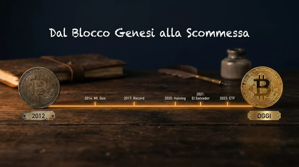 Timeline visiva con moneta Bitcoin antica e moderna collegate da una linea temporale luminosa