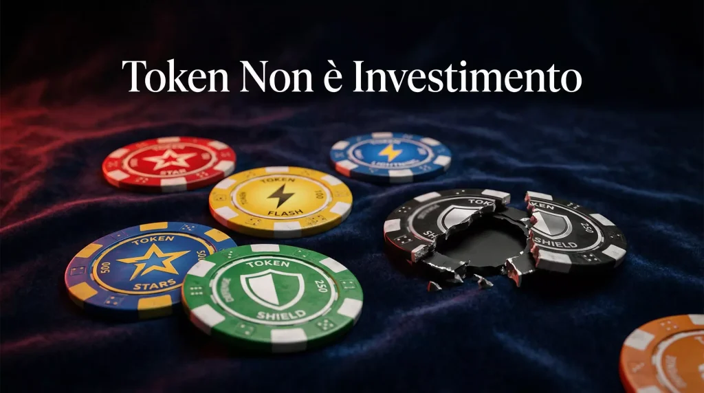 Gettoni colorati da casinò con simboli crypto su superficie scura con luce d
