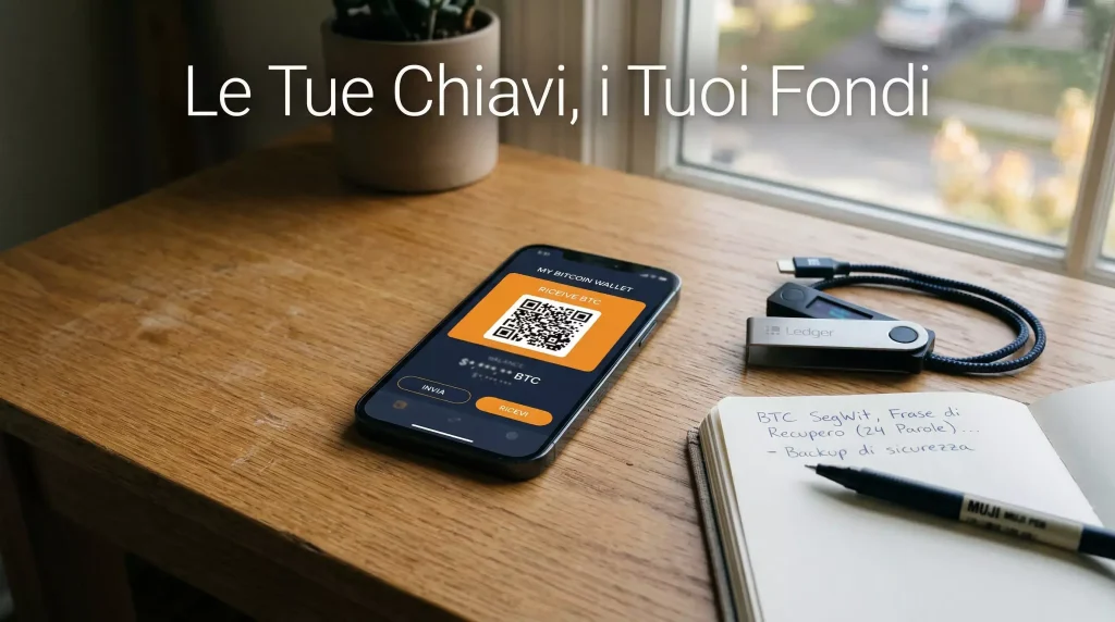 Smartphone con app wallet Bitcoin aperta accanto a un hardware wallet su una scrivania ordinata